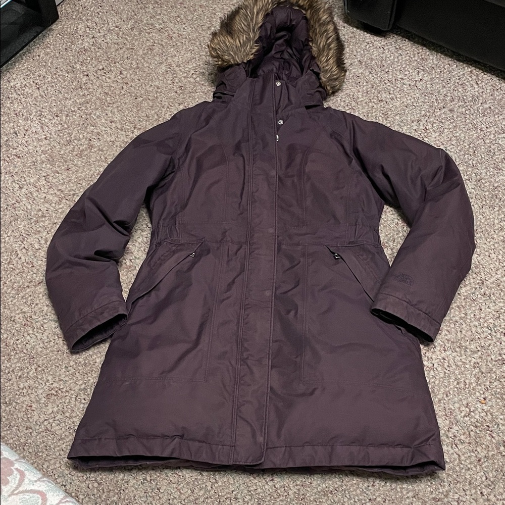 The northface down filled Women's long Purple Winter Coat with hood